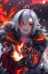  1girl arlecchino_(genshin_impact) aura_draws black_nails blood commentary fire genshin_impact grey_hair grin highres looking_at_viewer red_lips short_hair smile solo upper_body 