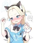  1girl @_@ angel&#039;s_24_uniform_(blue_archive) animal_ears apron blonde_hair blue_archive blue_eyes blush cat cat_ears embarrassed fake_animal_ears halo hands_up kanya_pyi long_hair looking_to_the_side parted_lips solo sora_(blue_archive) store_clerk sweat wavy_mouth 