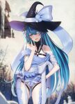  1girl blue_eyes blue_hair blurry blurry_background breasts chest_harness hair_between_eyes hair_ornament harness hat highres leaning_forward long_hair medium_breasts one_eye_closed open_mouth phantasy_star phantasy_star_online_2 phantasy_star_online_2_new_genesis solo witch_hat zeri_(zeristudio) 