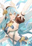  1girl atoatto azura_(fire_emblem) azura_(song&#039;s_reflection)_(fire_emblem) blue_hair commentary_request dragon_horns fake_horns fire_emblem fire_emblem_fates fire_emblem_heroes floating_hair hair_between_eyes horns hydrokinesis jewelry long_hair necklace official_alternate_costume open_mouth signature simple_background smile solo twitter_username veil very_long_hair water white_background yellow_eyes 