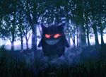  absurdres commentary forest fracoco gengar glowing glowing_eyes grin highres horror_(theme) nature no_humans pokemon pokemon_(creature) red_eyes signature smile smoke solo 