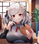  1girl bare_shoulders black_ribbon black_shirt blue_shirt braid breast_rest breasts breasts_on_table burger collared_shirt detached_sleeves food french_braid girls&#039;_frontline greyscale hair_ribbon half_updo heart highres holding holding_burger holding_food indoors large_breasts long_hair looking_at_viewer monochrome red_eyes ribbon shirt sleeveless sleeveless_shirt snnm_hb solo spas-12_(girls&#039;_frontline) swept_bangs table twintails wavy_mouth white_hair 