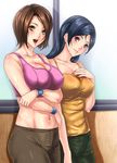  :d bangs bare_arms bare_shoulders black_eyes black_hair blush breast_hold breasts brown_eyes brown_hair brown_pants camisole cleavage collarbone commentary_request covered_nipples cowboy_shot ear_piercing green_pants groin hair_intakes highres large_breasts long_hair looking_at_viewer mature multiple_girls nail_polish navel open_mouth original pants parted_bangs piercing red_nails rokko shiny shiny_skin shirt short_hair smile stomach sweat taut_clothes taut_shirt wristband 
