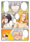  2boys 2girls ? anger_vein black_hair bleach blush breasts censored cleavage clenched_teeth cum cum_in_mouth cum_on_hair cum_on_tongue cumdrip ejaculation eyes_closed facial fellatio grin group_sex hair_bun highres hinamori_momo hitsugaya_toushirou ichimaru_gin kh-fullhouse long_hair matsumoto_rangiku multiple_boys multiple_girls nipples oral orange_hair penis smile sweat sweatdrop tears teeth white_hair 