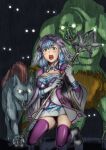  1girl :o boots breasts cleavage dress full_body gloves glowing glowing_eyes green_eyes grey_hair head_wings holding holding_staff long_sleeves looking_at_viewer medium_breasts melia_antiqua open_mouth orc purple_dress purple_thighhighs seiza sitting solo_focus staff teeth tenzen_miyabi thighhighs upper_teeth_only white_dress white_footwear white_gloves white_wings wide_sleeves wings wolf xenoblade_chronicles_(series) xenoblade_chronicles_1 