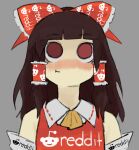  1girl absurdres blush bow brown_hair closed_mouth collared_shirt commentary english_commentary frilled_hair_tubes frilled_shirt_collar frills grey_background hair_bow hair_tubes hakurei_reimu highres long_hair looking_at_viewer nose_blush red_bow red_eyes red_shirt reddit shirt sidelocks simple_background sleeveless sleeveless_shirt snoo solo squidmiku straight-on touhou upper_body 