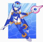  1girl armor blue_armor blue_eyes blue_footwear blue_helmet boots border breasts crop_top fairy_leviathan_(mega_man) forehead_jewel full_body helmet highres holding holding_polearm holding_weapon lance light looking_at_viewer medium_breasts mega_man_(series) mega_man_zero_(series) omeehayo polearm solo thigh_boots water weapon white_border 