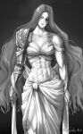  abs amputee dress elden_ring highres long_hair looking_at_viewer malenia_blade_of_miquella mechanical_arms monochrome muscular muscular_female prosthesis prosthetic_arm robusta_mania scar single_mechanical_arm smile 