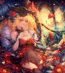  1girl absurdres black_dress black_hat blonde_hair bow breast_suppress breasts butterfly_dress cleavage crystal_wings dress dress_bow flandre_scarlet hat highres medium_breasts mob_cap open_mouth red_eyes seelehan sleeveless sleeveless_dress slit_pupils solo touhou vampire wading 