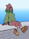 anthro big_sweater black_sclera boots bottomwear brown_body clothed clothing diamond_(fours) electronics female flat_colors footwear fours_(artist) freckles headphones hi_res hotpants lagomorph leporid looking_at_viewer mammal original_character rabbit red_eyes shorts sitting