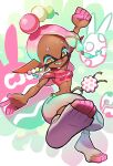  1girl artist_name bare_shoulders blue_hair breasts clenched_hand colored_eyelashes commentary_request crop_top dango dango_earrings dark-skinned_female dark_skin earrings easter_egg egg fangs food food-themed_earrings food_on_head frye_(splatoon) full_body gradient_hair grin hair_ornament hair_tie harem_pants highres inkling jewelry kellymae looking_at_viewer midriff multicolored_background multicolored_hair object_on_head official_alternate_costume orange_pupils outstretched_arms pants pink_hair pink_shawl pink_shirt pointy_ears see-through_shawl shawl shirt sleeveless sleeveless_shirt small_breasts smile socks solo splatoon_(series) splatoon_3 standing standing_on_one_leg star-shaped_pupils star_(symbol) symbol-shaped_pupils tentacle_hair toeless_footwear toes two-tone_hair wagashi white_pants white_socks x_hair_ornament yellow_eyes 