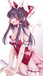  1girl absurdres alternate_costume animal_ears blush bow breasts bridal_garter cleavage commentary_request detached_collar fake_animal_ears fake_tail frilled_bow frilled_hair_tubes frills hair_bow hair_tubes hakurei_reimu highres leotard long_hair looking_at_viewer mito_(fate) open_mouth pink_bow playboy_bunny rabbit_ears rabbit_tail red_bow red_eyes red_leotard signature solo strapless strapless_leotard sweatdrop tail touhou 
