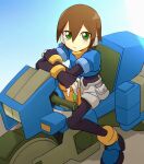 1girl aile_(mega_man_zx) black_bodysuit blue_jacket bodysuit bodysuit_under_clothes brown_hair cropped_jacket cup full_body green_eyes highres holding holding_cup jacket light looking_at_viewer mega_man_(series) mega_man_zx motor_vehicle motorcycle omeehayo robot_ears shorts solo white_shorts 