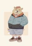 2024 anthro bear beard biped black_nose bottomwear brown_body clothing eyes_closed facial_hair fatkylefat hi_res kemono male mammal open_mouth shorts simple_background smile solo