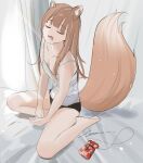  1girl absurdres alternate_costume animal_ear_fluff animal_ears bag bare_legs bare_shoulders barefoot bed between_legs black_shorts blunt_bangs blush breasts brown_hair cleavage closed_eyes collarbone drooling feet full_body hand_between_legs highres holo indoors long_hair on_bed open_mouth penguin_sensei_(artist) shirt short_shorts shorts sidelocks signature sitting sleepy small_breasts solo spice_and_wolf strap_slip tail tank_top very_long_hair wariza white_shirt wolf_ears wolf_girl wolf_tail 