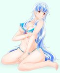  barefoot bikini blue_hair breasts cleavage kamishirasawa_keine konoshita large_breasts long_hair micro_bikini navel red_eyes simple_background sitting solo swimsuit touhou traditional_media very_long_hair wariza wide_hips 