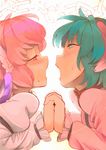  anda_inmu animal_ears aqua_eyes aqua_hair blush broken broken_chain chain close-up collar face green_eyes green_hair highres holding_hands interlocked_fingers kasodani_kyouko multiple_girls music mystia_lorelei open_mouth pink_eyes pink_hair profile short_hair singing sweat touhou wings yuri 