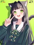  1girl :d animal_ears arm_at_side battery_indicator blush brown_hair buttons cat_ears cat_girl cat_tail choppy_bangs cowboy_shot dot_nose double-breasted green_background green_eyes green_shirt green_skirt hair_intakes hand_up highres long_bangs long_hair long_sleeves looking_at_viewer lows. open_mouth original pleated_skirt recording sailor_collar shadow shirt sidelocks simple_background skirt sleeve_cuffs smile solo straight_hair tail teeth upper_teeth_only v viewfinder white_sailor_collar 