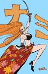  1girl 2023 absurdres bikini black_bikini black_footwear blue_background dated floral_print high_heels highres holding holding_sword holding_weapon katsumi_ishizuka long_hair looking_at_viewer nami_(one_piece) one_piece orange_hair sarong solo swimsuit sword weapon weapon_in_mouth 
