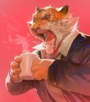  1boy absurdres barbed_tongue black_jacket cat&#039;s_tongue claws cup fangs furry furry_male hieumay highres holding holding_cup jacket male_focus mug original red_background shirt simple_background solo steam tiger_boy tongue tongue_out upper_body white_shirt 