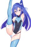  absurdres arm_behind_head armpits ass_visible_through_thighs black_leotard blue_eyes blue_footwear blue_hair blue_leotard blush boots breasts closed_mouth detached_sleeves feet_out_of_frame full-face_blush gmkz_kawaii groin hair_between_eyes hand_on_own_thigh highleg highleg_leotard highres kazanari_tsubasa leotard long_hair looking_at_viewer senki_zesshou_symphogear side_ponytail skin_tight skindentation small_breasts split standing standing_on_one_leg standing_split thigh_boots two-tone_leotard 