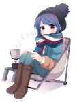 1girl black_hat blue_hair blush boots brown_footwear green_pants long_hair long_sleeves looking_at_viewer multicolored_clothes multicolored_scarf nakajima_lupus pants purple_eyes scarf shima_rin simple_background sitting solo white_background yurucamp 