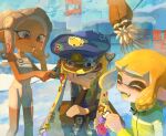  1boy 3girls ^_^ agent_3_(splatoon) agent_4_(splatoon) agent_8_(splatoon) bare_shoulders black_pants blonde_hair blue_hat bodysuit cap&#039;n_cuttlefish cloak closed_eyes colored_tongue commentary_request covered_navel dark-skinned_female dark_skin dmwggg dried_squid drooling finger_to_mouth floating furrowed_brow grey_choker grey_eyes grey_hair grey_shirt half-closed_eyes hand_on_own_cheek hand_on_own_face hat head_rest headphones highres inkling jacket layered_shirt long_hair looking_at_another medium_hair multiple_girls old old_man orange_eyes pants peaked_cap shirt sitting sleeping sleeveless sleeveless_bodysuit splatoon_(series) splatoon_3 splatoon_3:_side_order squidbeak_splatoon standing sticker sticker_on_face sticker_on_leg suction_cups tentacle_hair too_many_stickers torn_cloak torn_clothes twintails white_bodysuit yellow_jacket yellow_tongue 