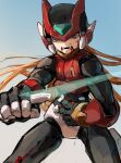  1boy absurdres android armor black_eyes blonde_hair blood cowboy_shot crotch_plate energy_sword fangs forehead_jewel gradient_background helmet highres holding holding_sword holding_weapon injury long_hair male_focus mechanical_parts mega_man_(series) mega_man_zero_(series) omochi_(mochi_skymega) red_armor red_helmet solo sword weapon z_saber zero(z)_(mega_man) zero_(mega_man) 