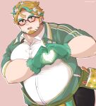  1boy bara belly blush facial_hair flower glasses goatee green_hair hair_flower hair_ornament heart heart-shaped_boob_challenge heart_hands highres hippolytus_(housamo) jacket large_pectorals looking_at_viewer male_focus medium_sideburns multicolored_hair pectorals pump short_hair sideburns_stubble solo streaked_hair stubble thick_eyebrows tokyo_afterschool_summoners track_jacket two-tone_beard yu062424 