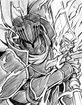  1boy alondite armor black_knight_(fire_emblem) fire_emblem fire_emblem:_path_of_radiance fire_emblem:_radiant_dawn full_armor greyscale male_focus monochrome solo sword ten_(tenchan_man) upper_body weapon 