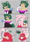 ambiguous_gender ambiguous_prey amy_rose animal_humanoid anthro anthro_pred anthro_prey armwear belly big_belly big_breasts bloated blue_body blue_fur breasts burp_cloud burping_up_clothing canid canid_humanoid canine canine_humanoid cleavage clothed clothing clover_(cloverfox13) comic cosplay elbow_gloves face_imprint female female_pred female_prey fox_humanoid fur gloves green_hair hair handwear hi_res humanoid humanoid_pred humanoid_prey imprint lagomorph larger_anthro larger_female larger_humanoid leporid mammal mammal_humanoid multiple_prey navel oral_vore patting_belly pink_body pink_fur pinned_by_butt rabbit recursive_vore rouge_the_bat sega sharp_teeth size_difference smaller_ambiguous smaller_anthro smaller_female smaller_humanoid sonic_the_hedgehog_(series) strawberrywith4 teeth thick_thighs torn_clothing vore weight_gain wide_hips