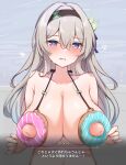  1girl alternate_breast_size black_hairband blush breasts completely_nude dialogue_box doughnut embarrassed firefly_(honkai:_star_rail) flying_sweatdrops food food-themed_clothes full-face_blush gameplay_mechanics gradient_eyes grey_hair hairband highres honkai:_star_rail honkai_(series) huge_breasts huge_nipples long_hair looking_at_viewer multicolored_eyes navel nude open_mouth purple_eyes simple_background solo stomach sweatdrop upper_body wavy_mouth xlyami 