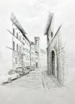  arch building car door graphite_(medium) greyscale monochrome motor_vehicle no_humans original painting_(medium) scenery shadow shimizu_megumi_(m_acquerello) traditional_media watercolor_(medium) window 