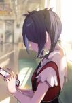  1girl ame-chan_(needy_girl_overdose) amoi_(amoi6v6) bad_id bad_twitter_id black_hair black_nails black_ribbon blurry blurry_background cellphone closed_mouth collared_shirt commentary_request day from_side hair_over_one_eye holding holding_phone inactive_account light_particles long_hair nail_polish neck_ribbon needy_girl_overdose phone profile red_nails red_shirt ribbon shirt smartphone solo suspenders train_interior twintails upper_body 