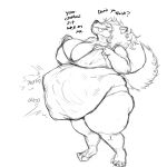 alexia_(azathura) anthro anthro_pred asking azathura big_breasts bloated breasts canid canine canis cleavage clothed clothing clothing_pull clothing_theft digestion digestion_noises digital_media_(artwork) fat_legs female female_pred hair hi_res huge_thighs love_handles mammal messy_hair overweight overweight_anthro overweight_female sketch sloshing_belly stealing talking_to_prey thick_thighs tongue tongue_out topwear topwear_pull vore wolf
