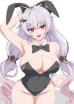  1girl absurdres animal_ears arm_behind_head arm_up armpits bare_legs bare_shoulders black_bow black_bowtie bow bowtie breasts cleavage collar cowboy_shot detached_collar earrings fake_animal_ears fang groin hair_bow hair_ornament highleg highleg_leotard highres honkai_(series) honkai_impact_3rd jewelry large_breasts leotard light_blush long_hair looking_at_viewer nobu_teio open_mouth playboy_bunny presenting_armpit rabbit_ears red_eyes simple_background sitting solo theresa_apocalypse theresa_apocalypse_(luna_kindred) theresa_apocalypse_(lunar_vow:_crimson_love) thighs very_long_hair white_background white_collar white_hair white_wrist_cuffs wrist_cuffs 