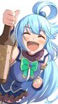  1girl aqua_(konosuba) bare_shoulders blue_eyes blue_footwear blue_hair blue_shirt blue_skirt blue_thighhighs blush boots bottle bow bowtie breasts closed_eyes detached_sleeves green_bow green_bowtie hair_between_eyes hair_ornament hair_rings highres holding holding_bottle kono_subarashii_sekai_ni_shukufuku_wo! long_hair looking_at_viewer mike81277424 open_mouth shirt simple_background single_hair_ring skirt smile smiley_face solo thigh_boots thighhighs very_long_hair watermark wine_bottle 