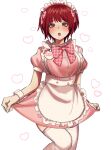  1girl :o alternate_costume apron blush bow bowtie breasts cowboy_shot danganronpa_(series) danganronpa_2:_goodbye_despair dress enmaided freckles hair_bow heart highres koizumi_mahiru kun_(oxx_kn_xxo) large_breasts maid pink_bow pink_bowtie pink_dress plaid plaid_bow plaid_bowtie puffy_short_sleeves puffy_sleeves red_hair short_hair short_sleeves solo thighhighs waist_apron white_background white_thighhighs 