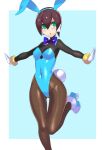  1girl aile_(mega_man_zx) android animal_ears bad_id bad_twitter_id black_hair blue_bodysuit blue_footwear blue_hairband blue_leotard blue_necktie blush bodysuit bracelet breasts brown_hair cleavage covered_navel detached_collar fake_animal_ears foot_out_of_frame frown gloves green_eyes groin hair_between_eyes hairband jewelry leg_up leotard mega_man_(series) mega_man_zx narrow_waist necktie open_mouth pantyhose playboy_bunny rabbit_ears robot_ears short_hair solo standing strapless strapless_leotard ukimukai white_gloves wrist_cuffs 
