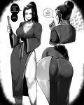  1girl absurdres ass ass_focus avatar:_the_last_airbender avatar_legends azula black_hair breasts cleavage dress english_text facing_away greyscale hair_bun hair_pulled_back highres huge_ass large_breasts long_hair looking_at_viewer masoq monochrome ponytail smile solo speech_bubble sweat 