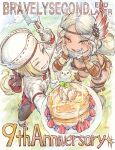  1boy 1girl absurdres aimee_matchlock angelo_ovo_panettone anniversary blonde_hair blush bravely_default_(series) bravely_second:_end_layer feather_hair_ornament feathers food from_above fruit hair_ornament highres holding holding_plate honey ikusy one_eye_closed pancake pancake_stack perspective plate red_eyes strawberry strawberry_slice white_hair yellow_eyes 