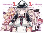  6+girls anniversary atlanta_(kancolle) beret black_gloves black_hat blonde_hair breasts brown_hair burger capelet closed_eyes closed_mouth commentary confetti copyright_name cross crossed_legs crown cup disposable_cup dress food gangut_(kancolle) glasses gloves graf_zeppelin_(kancolle) grey_hair hair_between_eyes hat headgear highres holding holding_cup ido_(teketeke) index_finger_raised iowa_(kancolle) iron_cross kantai_collection large_breasts littorio_(kancolle) long_hair long_sleeves looking_at_viewer military_uniform mini_crown mole mole_under_eye mouth_hold multiple_girls necktie one_eye_closed peaked_cap pipe_in_mouth richelieu_(kancolle) roma_(kancolle) sidelocks smile smoking_pipe star-shaped_pupils star_(symbol) symbol-only_commentary symbol-shaped_pupils uniform v v_over_eye warspite_(kancolle) white_hat 