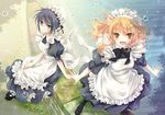  apron blonde_hair bow bubble glasses green_eyes grey_hair hat looking_at_viewer maid maid_headdress multiple_girls nishiwaki_yuuri open_mouth original short_hair sitting smile water wavy_hair yellow_eyes 