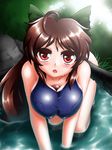  black_wings bow breasts brown_hair hair_bow large_breasts long_hair one-piece_swimsuit open_mouth red_eyes reiuji_utsuho school_swimsuit swimsuit third_eye touhou tree water wet wet_clothes wings yazuki_gennojou 