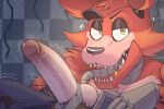 animatronic anthro ball_suck balls big_penis body_hair canid canine clothing duo emiwcat eye_patch eyewear fellatio five_nights_at_freddy&#039;s fox foxy_(fnaf) genitals hairy_balls hi_res hook hook_hand human machine male male/male mammal oral penile penis pirate pizzeria pubes robot scared scott_cawthon scottgames security security_guard sex smile sucking tongue vein veiny_penis