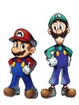  2boys blue_overalls boots brothers brown_footwear brown_hair buttons facial_hair full_body gloves green_hat green_shirt hands_on_own_hips highres looking_at_another luigi mari_luijiroh mario mario_&amp;_luigi_rpg mario_(series) masanori_sato_(style) multiple_boys mustache overalls red_hat red_shirt red_socks shirt short_hair siblings simple_background socks striped_clothes striped_socks two-tone_socks white_background white_gloves white_socks 
