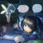  1girl bad_id bad_pixiv_id bed blue_eyes brown_hair bunk_bed buruma can chair fairy_wings gym_uniform hands keyboard_(computer) ladder ladic mouse_(computer) original pringles smoking stylus tablet translated what wings 