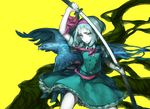  bird bow bowtie eagle hairband katana konpaku_youmu pink_hairband sheath short_hair simple_background skirt skirt_set solo sword thupoppo touhou unsheathing vest weapon yellow_background 