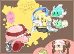 1girl blank_eyes brown_background brown_hair colress_(pokemon) colress_(pokemon)_(cosplay) cosplay eric_flay glasses holding holding_poke_ball kirby kirby_(series) lab_coat nate_(pokemon) nate_(pokemon)_(cosplay) plasma_wisp poke_ball poke_ball_(basic) pokemon pokemon_(creature) pokemon_bw2 rosa_(pokemon) snivy solid_oval_eyes sparky_(kirby) star_(symbol) translation_request visor_cap 