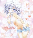  alternate_costume ayuayu bad_id bad_pixiv_id blue_eyes breasts censored convenient_censoring covered_nipples groin hat heart large_breasts lavender_hair leaning_forward letty_whiterock looking_at_viewer navel no_panties nude pulled_by_self sample scarf short_hair shorts shorts_pull solo spoken_blush touhou towel traditional_media white_scarf 